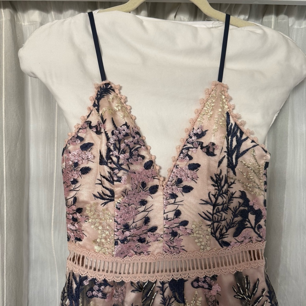 AQUA Embroidered Mesh Maxi Dress Blush Multi XS | Floral Lace Overlay Gown - Picture 5 of 12